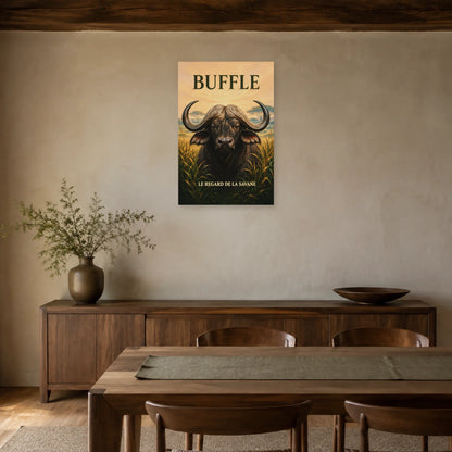Affiche Buffle, le regard de la savane dans une salle à manger - Art Virtuoso