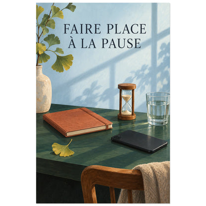 Affiche Faire place à la pause avec sablier, carnet et ombre de fenêtre, 60 × 90 cm