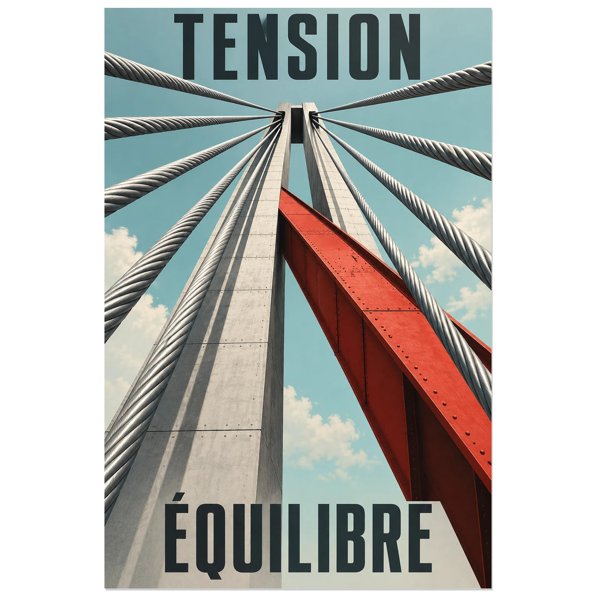 Câbles convergents et mot TENSION, affiche 30 × 45 cm
