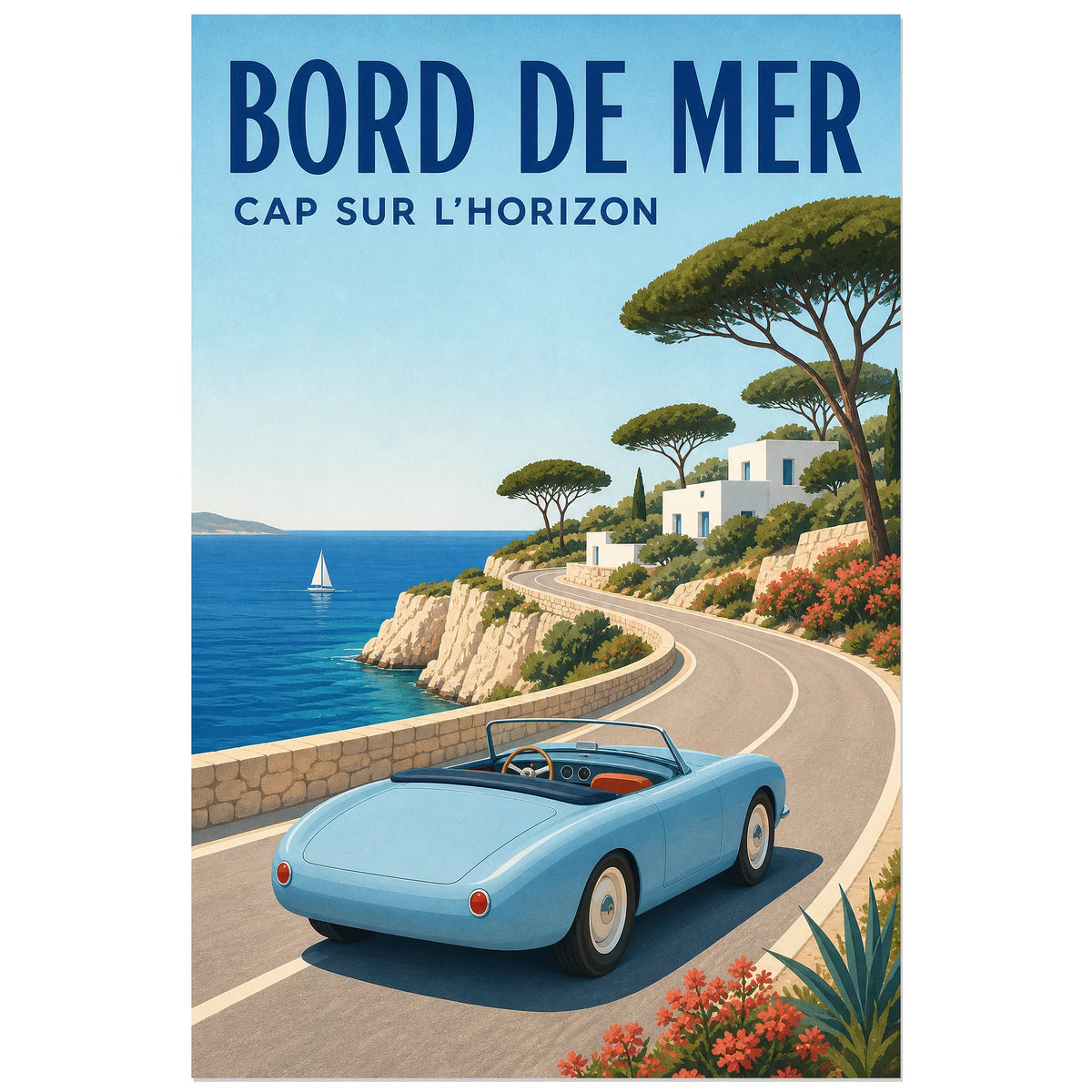 Affiche Bord de mer – Cap sur l’horizon, illustration rétro de voyage automobile sur la côte méditerranéenne verticale, format 60 × 90 cm