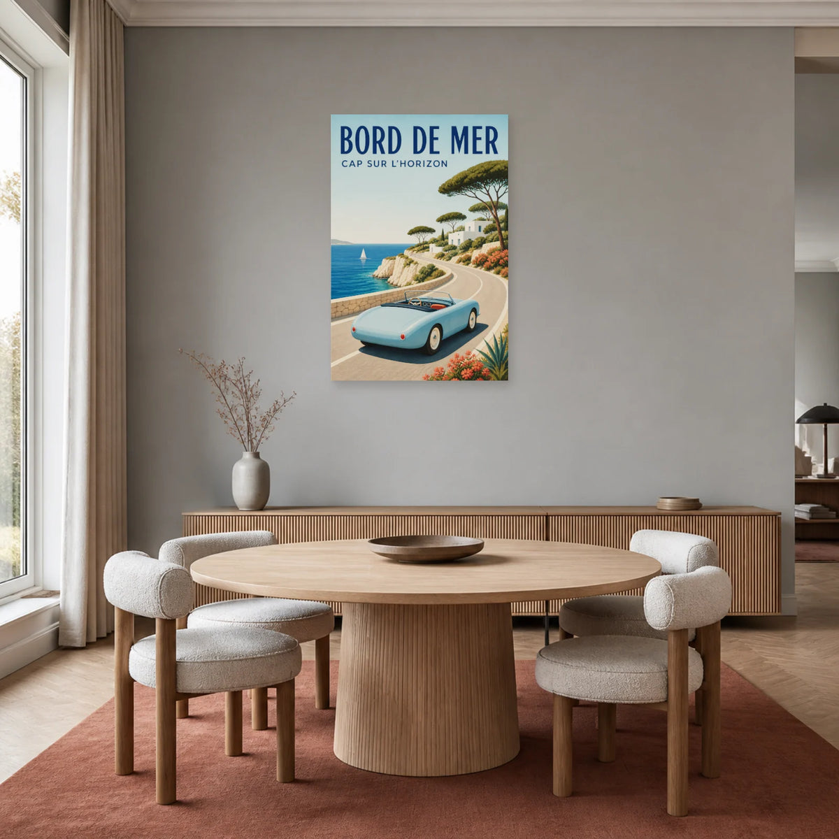 Affiche Cabriolet – Bord de mer dans une salle à manger - Art Virtuoso