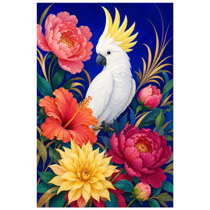 Affiche Cacatoès parmi les fleurs colorées, illustration florale décorative en gouache aux accents art déco verticale, format 40 × 60 cm