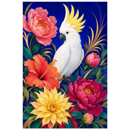 Affiche Cacatoès parmi les fleurs colorées, illustration florale décorative en gouache aux accents art déco verticale, format 60 × 90 cm
