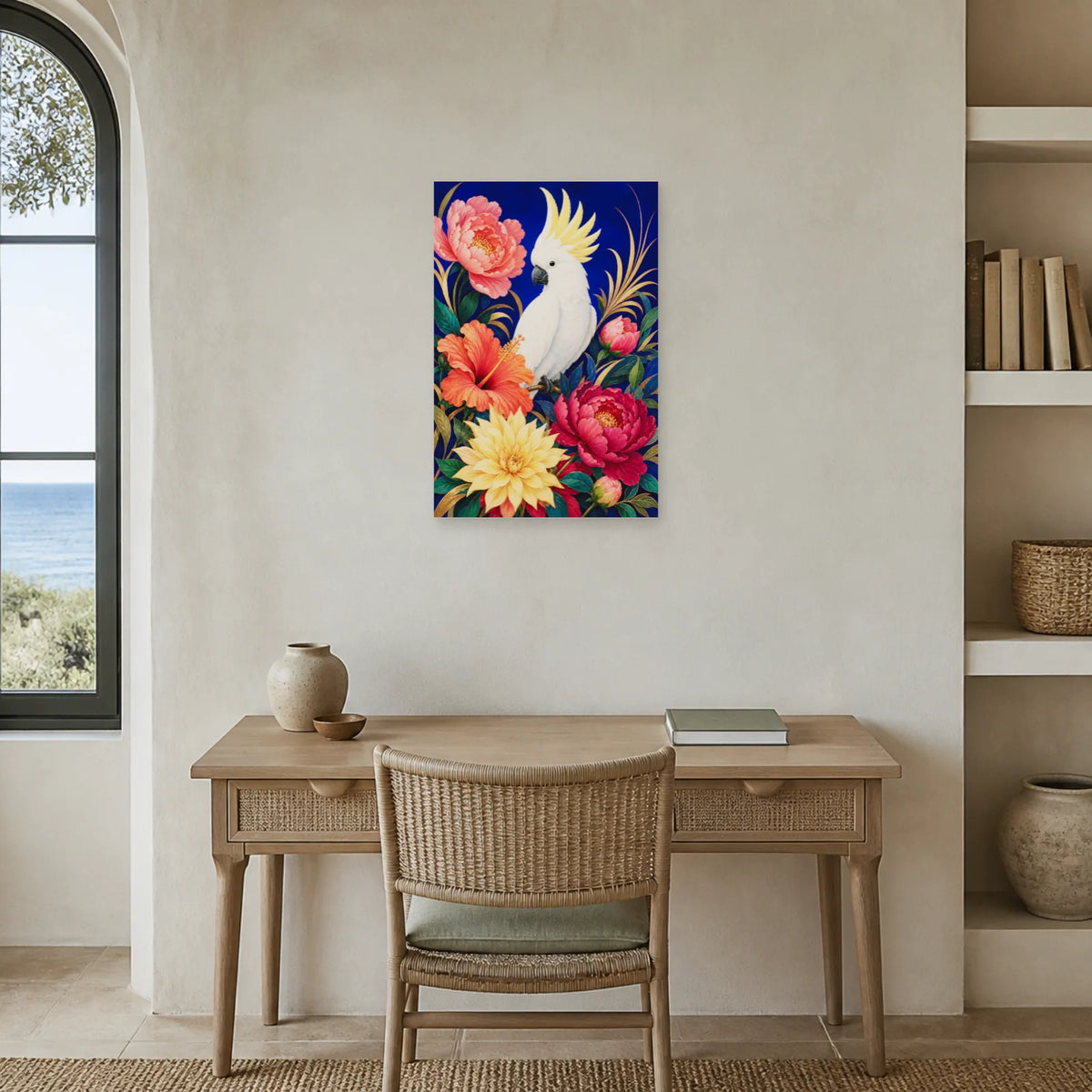 Affiche Cacatoès parmi les fleurs colorées dans un bureau - Art Virtuoso