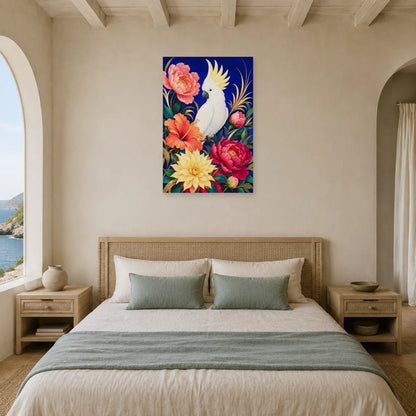 Affiche Cacatoès parmi les fleurs colorées dans une chambre - Art Virtuoso