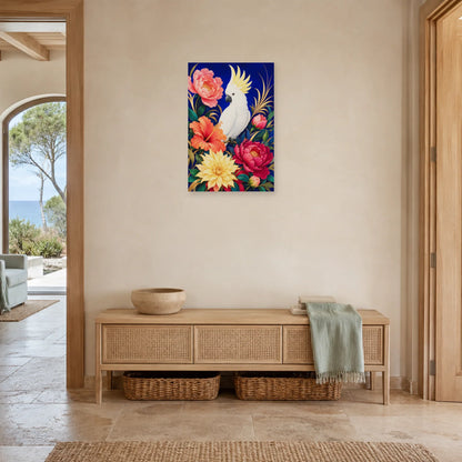 Affiche Cacatoès parmi les fleurs colorées dans une entrée ou un couloir - Art Virtuoso