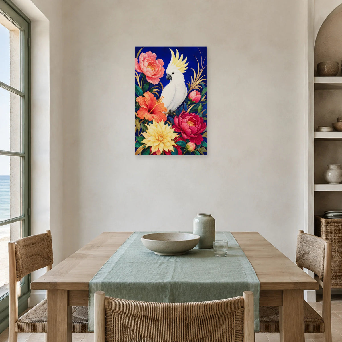 Affiche Cacatoès parmi les fleurs colorées dans une salle à manger - Art Virtuoso