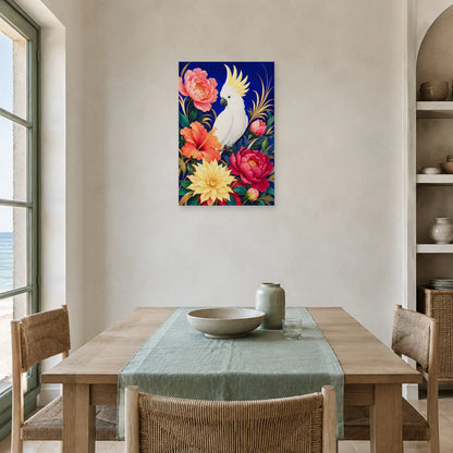 Affiche Cacatoès parmi les fleurs colorées dans une salle à manger - Art Virtuoso