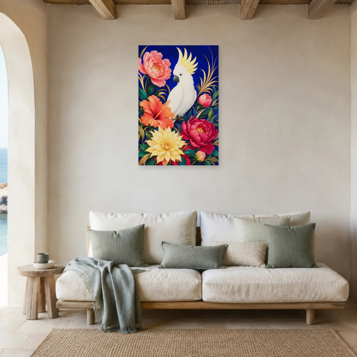 Affiche Cacatoès parmi les fleurs colorées dans un salon - Art Virtuoso