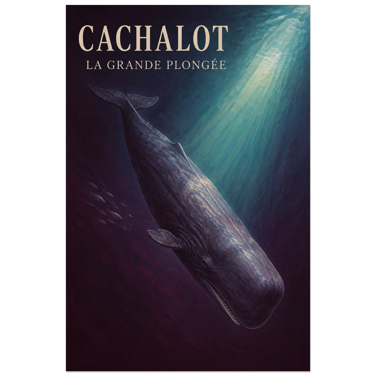 Affiche Cachalot – La grande plongée, peinture naturaliste / affiche vintage verticale, format 30 × 45 cm