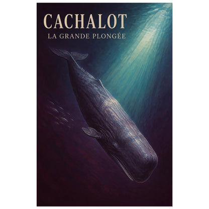 Affiche Cachalot – La grande plongée, peinture naturaliste / affiche vintage verticale, format 30 × 45 cm