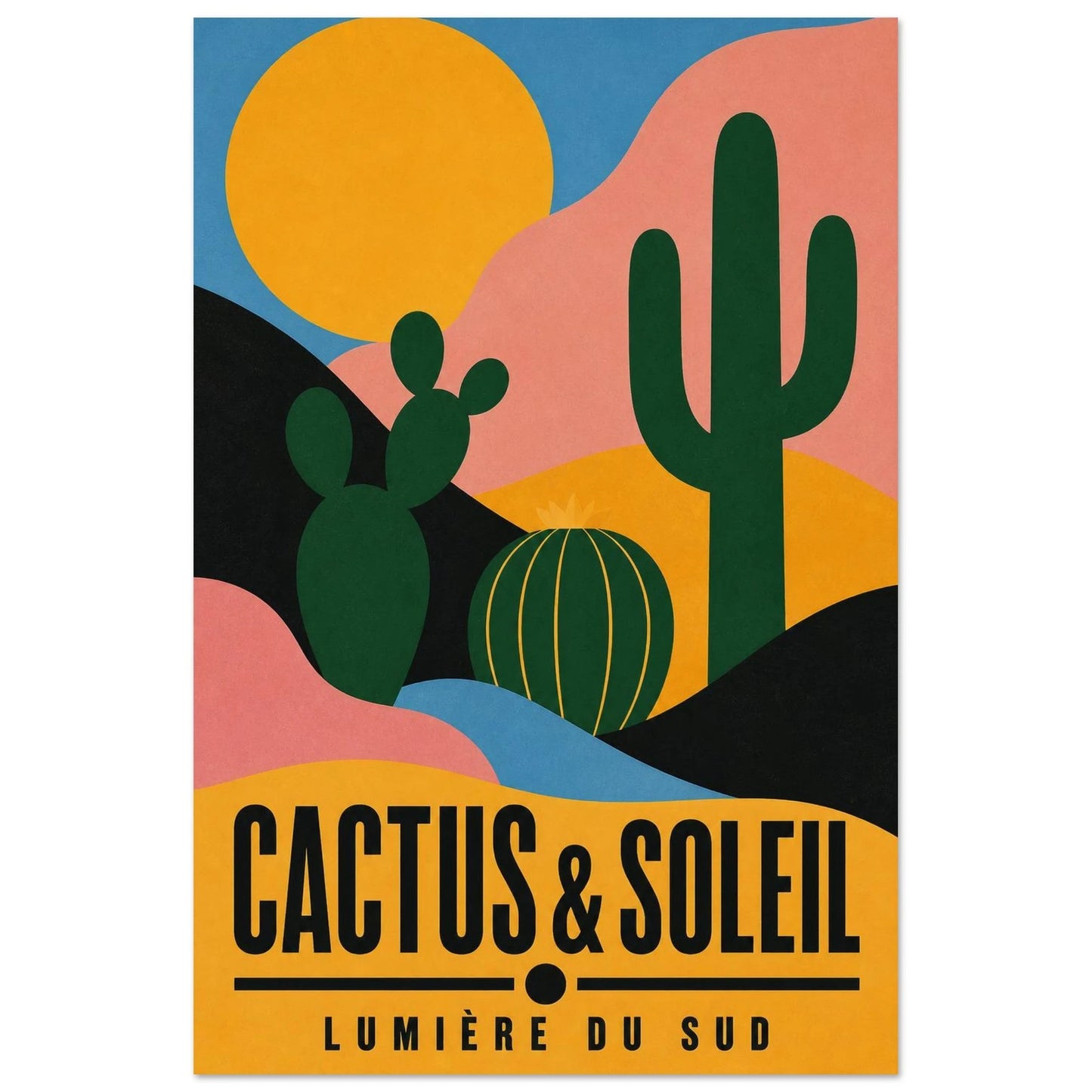 Affiche Cactus & Soleil – Lumière du Sud, sérigraphie illustrée verticale, format 30 × 45 cm
