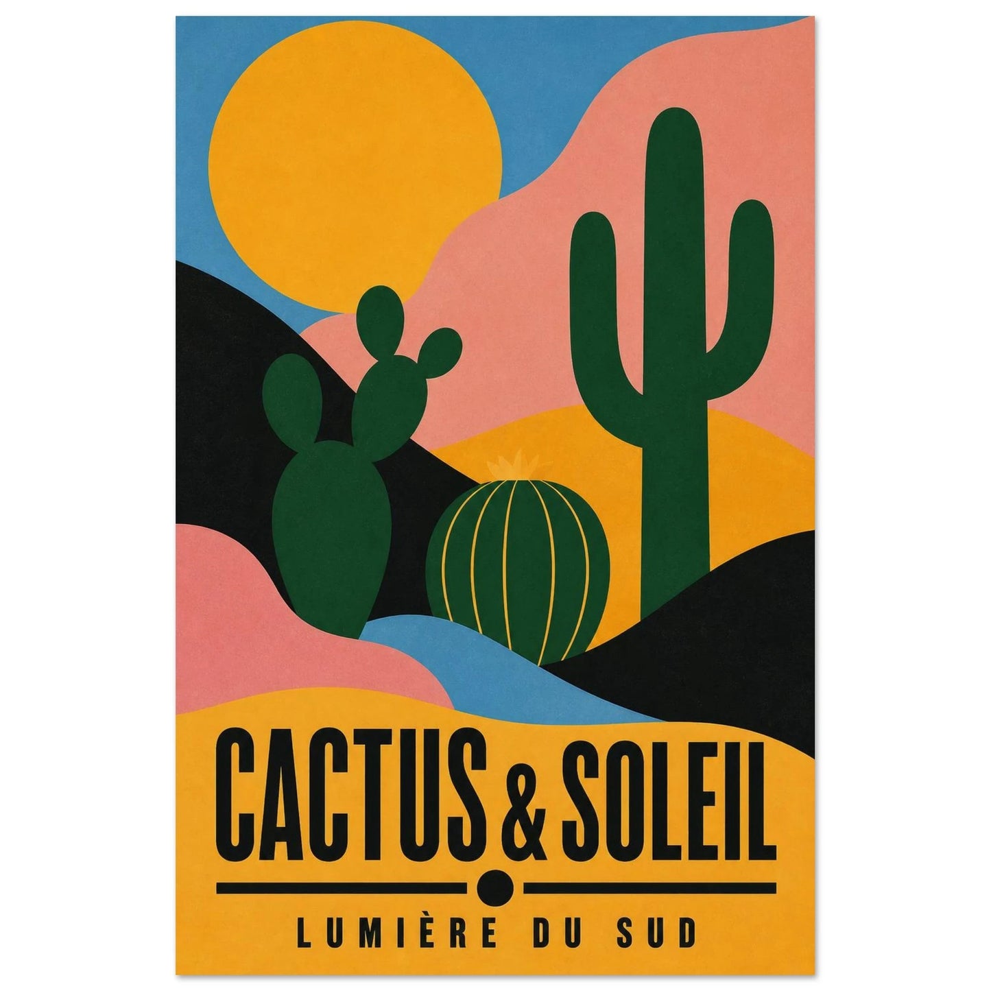 Affiche Cactus & Soleil – Lumière du Sud, sérigraphie illustrée verticale, format 60 × 90 cm