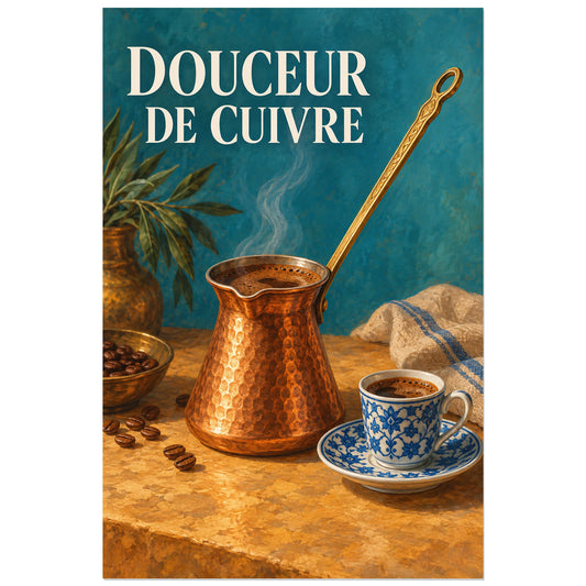 Cezve de cuivre martelé et tasse bleue fleurie sur fond turquoise, affiche 30 × 45 cm