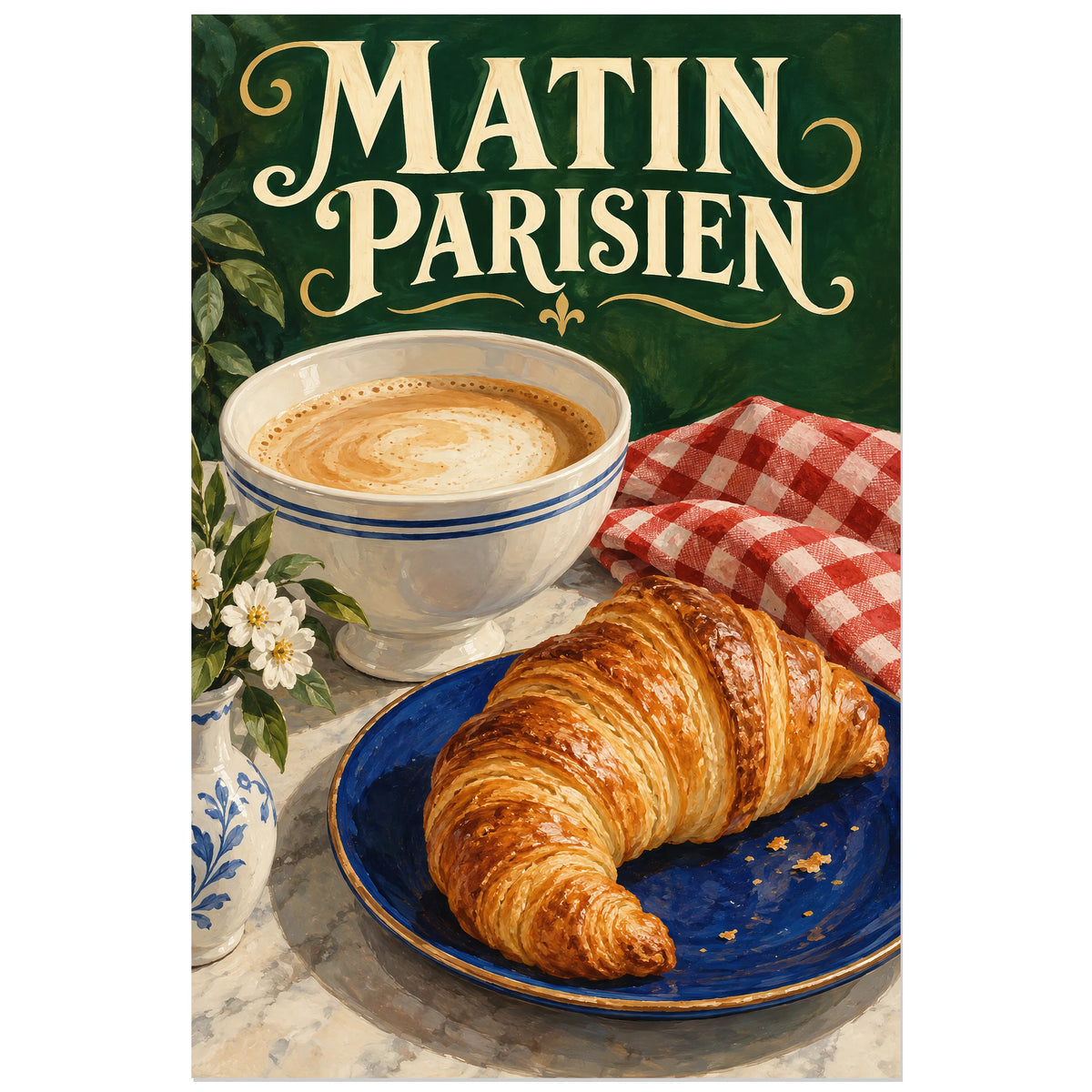 Croissant doré sur assiette cobalt et bol de café au lait, affiche 30 × 45 cm
