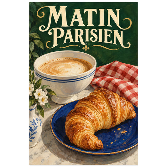 Croissant doré sur assiette cobalt et bol de café au lait, affiche 30 × 45 cm