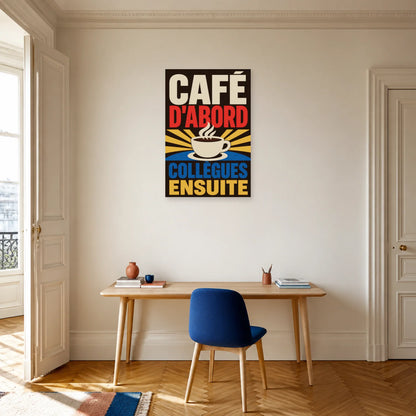 Affiche Café d’abord – Collègues ensuite dans un bureau - Art Virtuoso