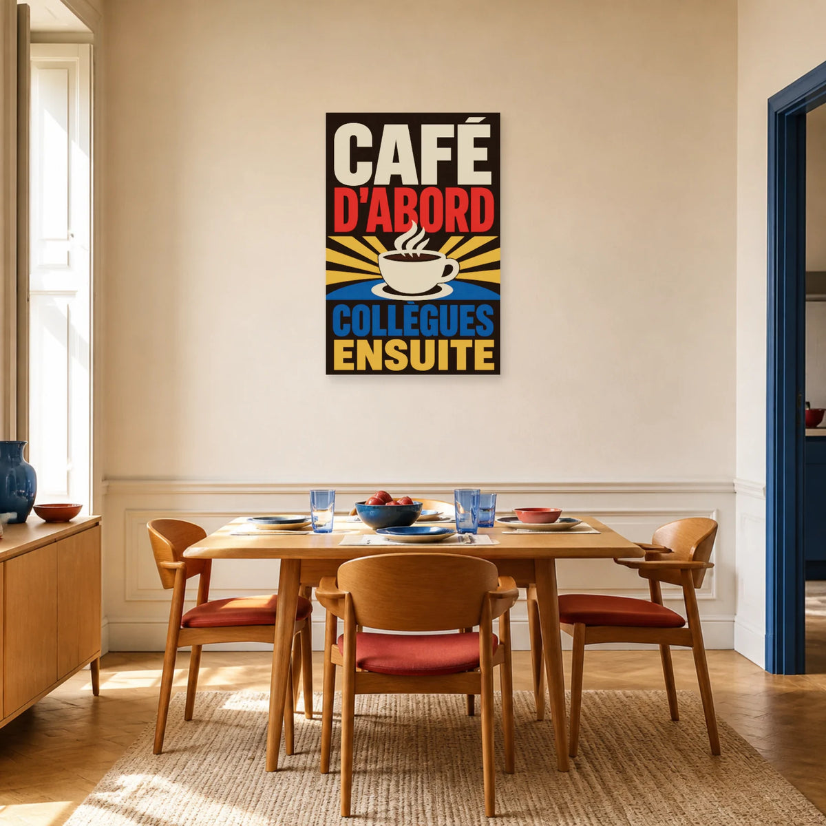 Affiche Café d’abord – Collègues ensuite dans une salle à manger - Art Virtuoso