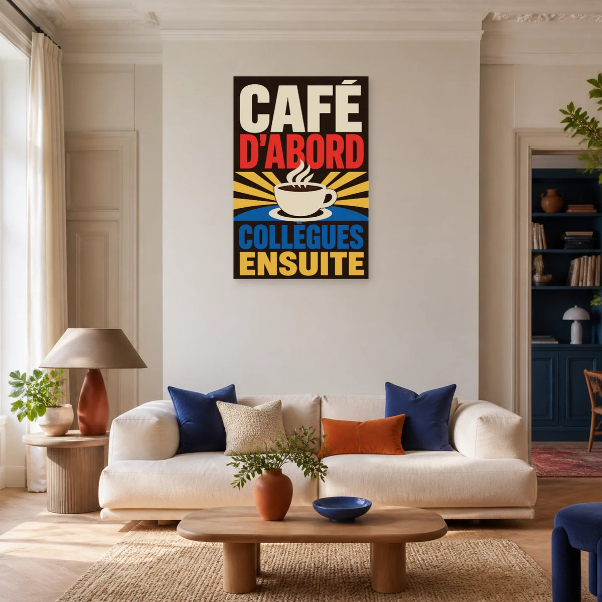 Affiche Café d’abord – Collègues ensuite dans un salon - Art Virtuoso