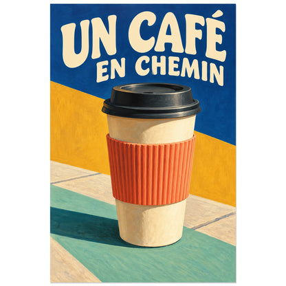 Gobelet blanc à manchon corail sur fond cobalt et jaune, affiche 30 × 45 cm