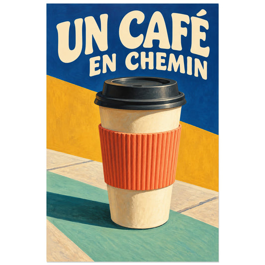 Gobelet blanc à manchon corail sur fond cobalt et jaune, affiche 30 × 45 cm