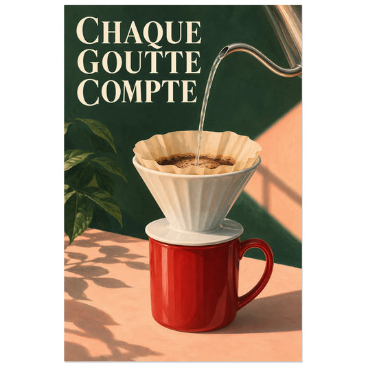 Bouilloire versant l'eau dans un filtre au-dessus d'une tasse rouge, affiche 30 × 45 cm