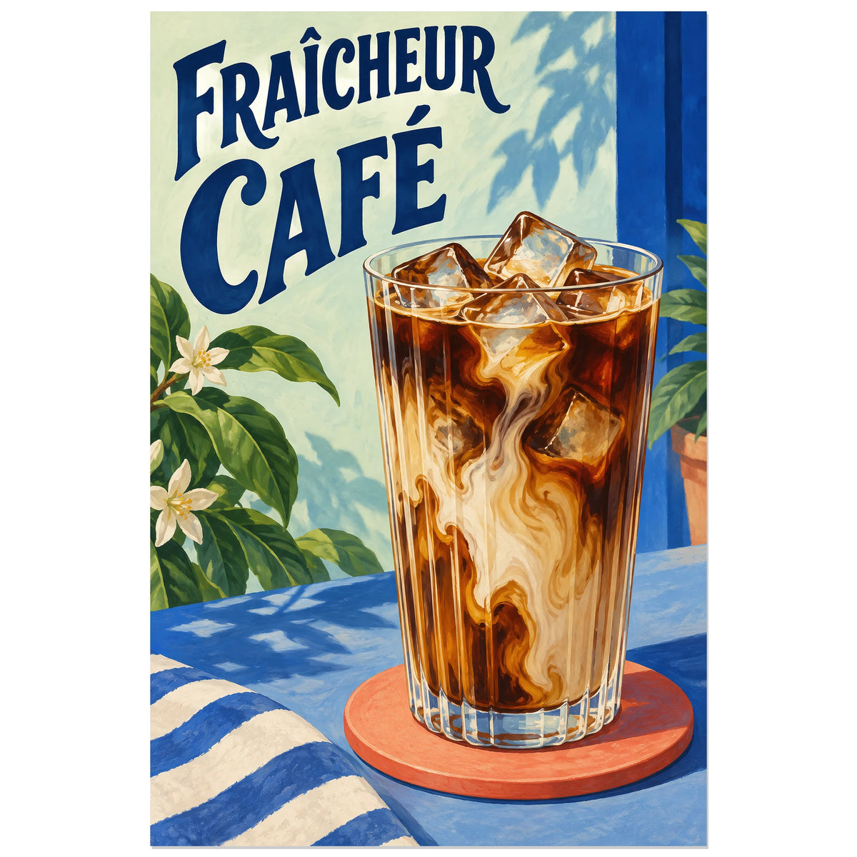 Grand verre de café glacé parmi feuilles et fleurs blanches, affiche 30 × 45 cm