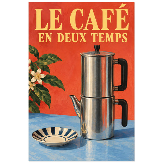 Cafetière napolitaine argentée à deux corps sur fond corail, affiche 30 × 45 cm