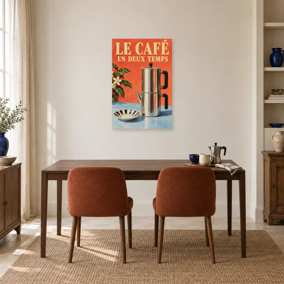 Affiche Cafetière napolitaine - Le café en deux temps dans une salle à manger - Art Virtuoso