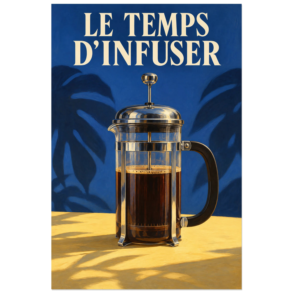 Affiche Le temps d'infuser avec cafetière et ombres végétales, 40 × 60 cm