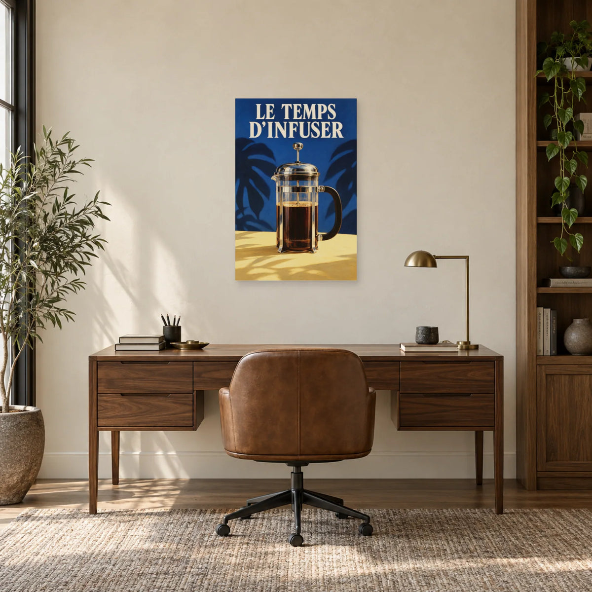 Affiche Cafetière à piston - Le temps d'infuser dans un bureau - Art Virtuoso