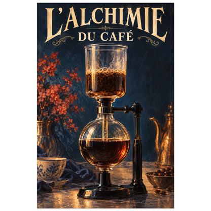 Siphon à café en verre avec deux récipients reliés, affiche 30 × 45 cm
