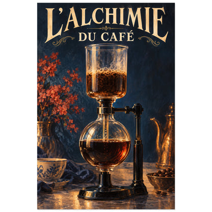 Siphon à café illustré sur fond bleu nuit avec tasse et grains, 60 × 90 cm