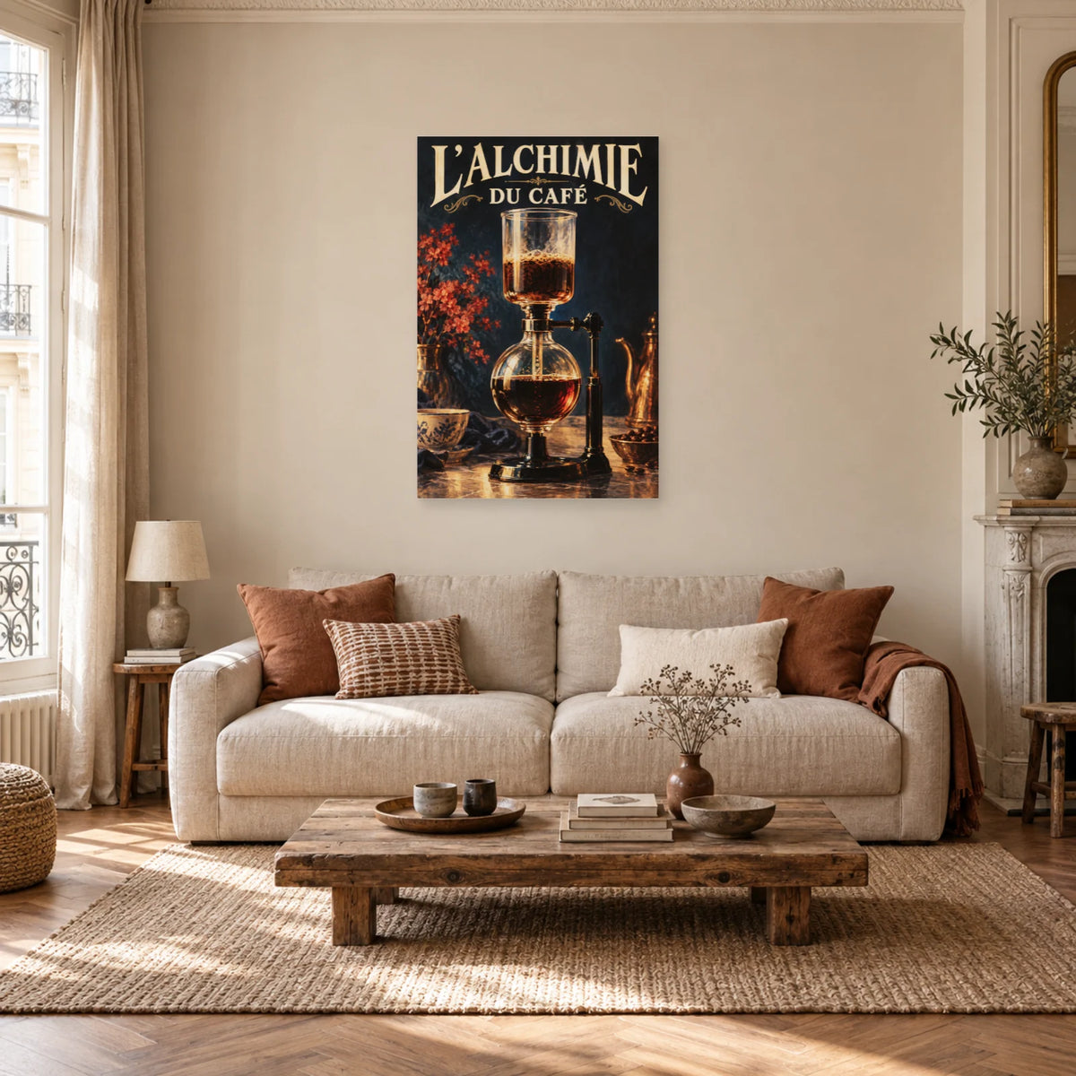 Affiche Café au siphon - Alchimie du café dans un salon - Art Virtuoso