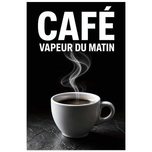 Affiche Café – Vapeur du Matin, photographie de nature morte contrastée verticale, format 30 × 45 cm
