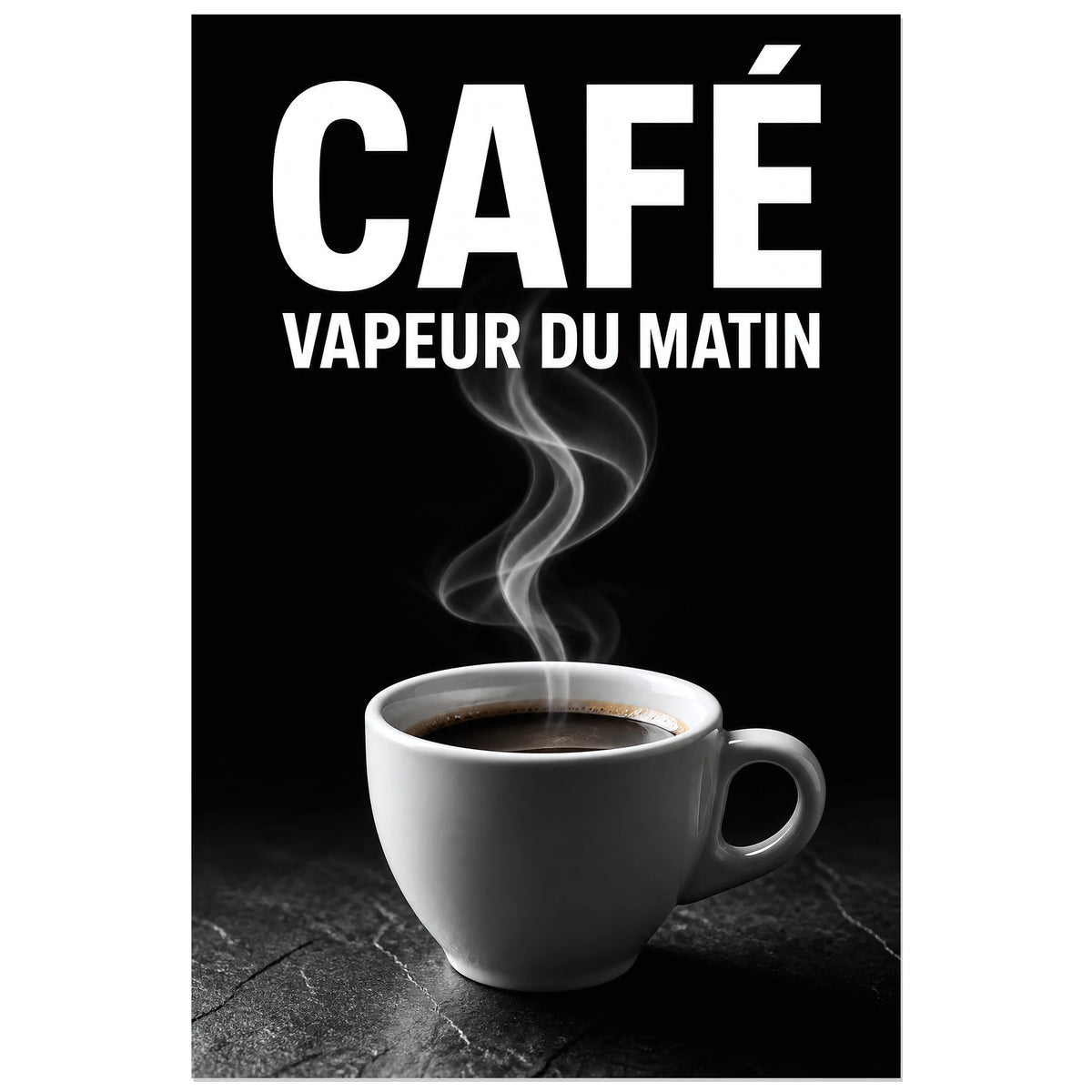 Affiche Café – Vapeur du Matin, photographie de nature morte contrastée verticale, format 60 × 90 cm