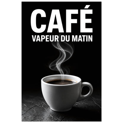 Affiche Café – Vapeur du Matin, photographie de nature morte contrastée verticale, format 60 × 90 cm