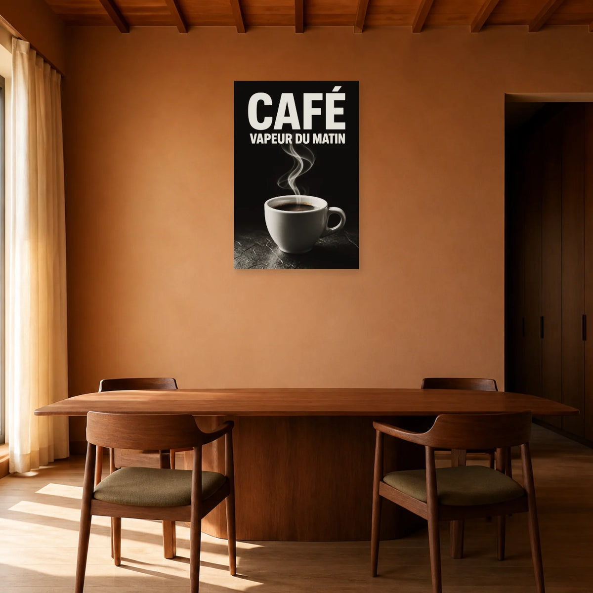 Affiche Café – Vapeur du Matin dans une salle à manger - Art Virtuoso