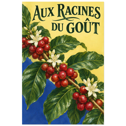Rameau de caféier avec feuilles, fleurs blanches et cerises rouges, affiche 30 × 45 cm