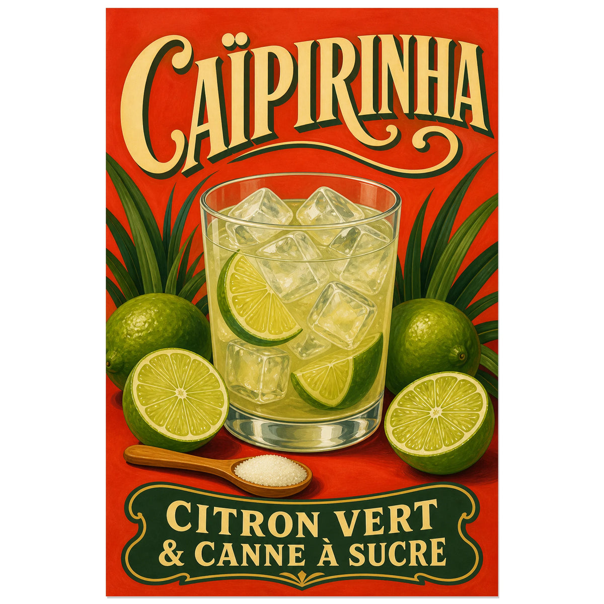 Affiche Caïpirinha, citron vert et canne à sucre, illustration de cocktail rétro à lettrage ornemental et volumes peints verticale, format 30 × 45 cm