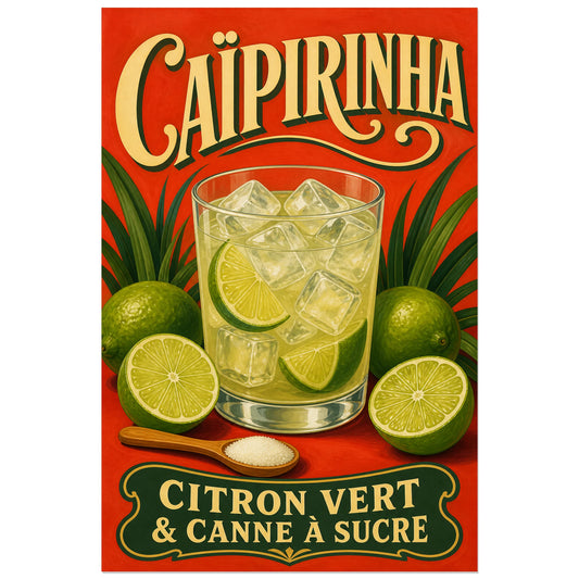 Affiche Caïpirinha, citron vert et canne à sucre, illustration de cocktail rétro à lettrage ornemental et volumes peints verticale, format 30 × 45 cm