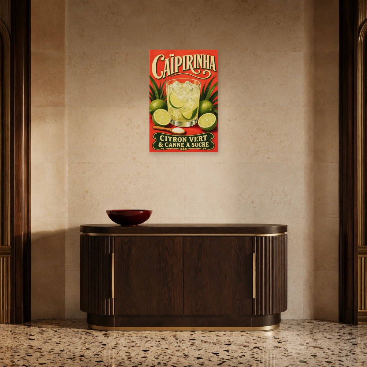Affiche Caïpirinha, citron vert et canne à sucre dans une entrée ou un couloir - Art Virtuoso