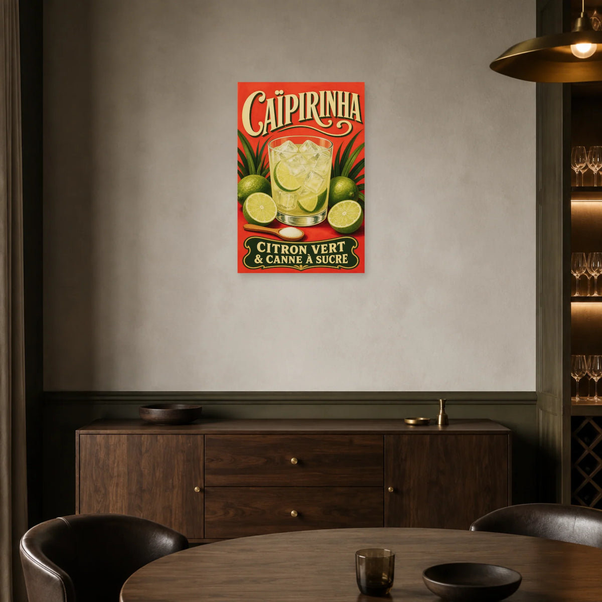 Affiche Caïpirinha, citron vert et canne à sucre dans une salle à manger - Art Virtuoso