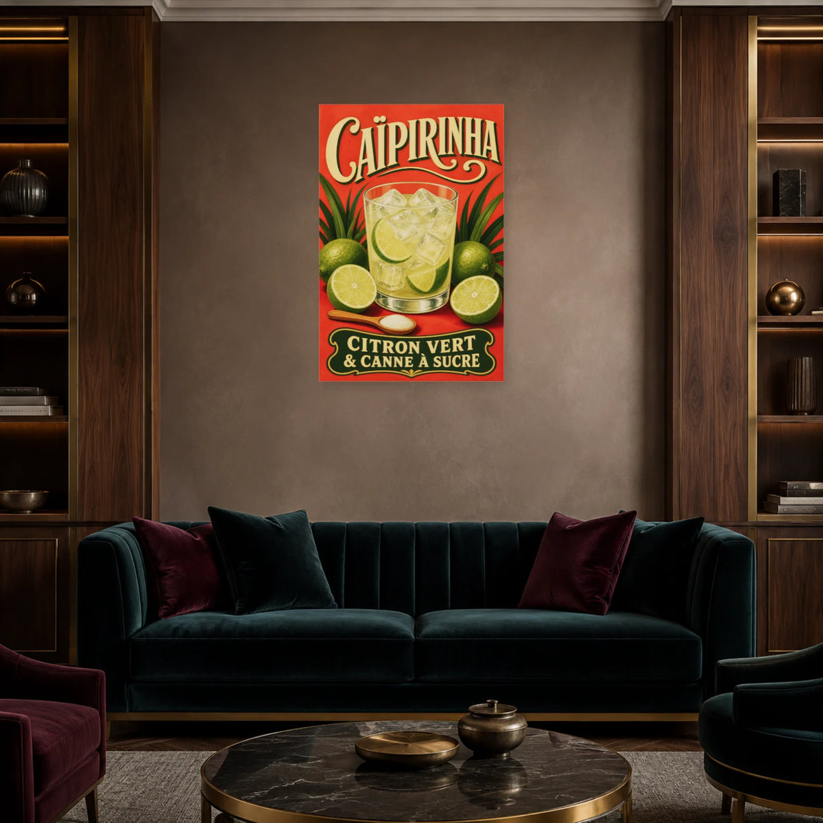 Affiche Caïpirinha, citron vert et canne à sucre dans un salon - Art Virtuoso