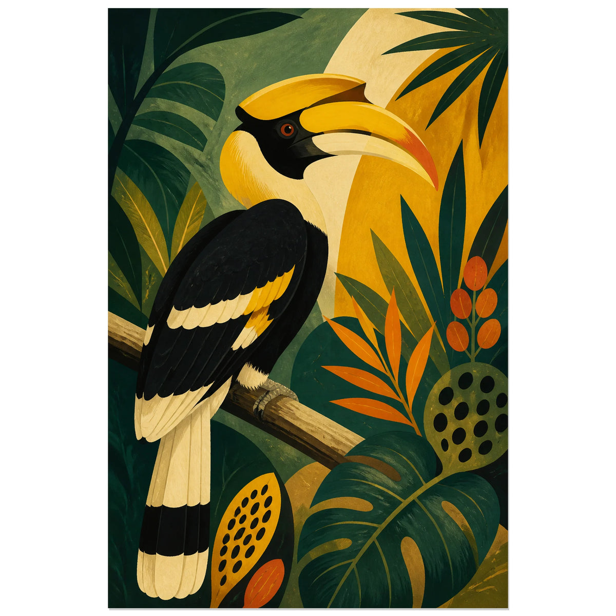 Affiche Calao de jungle moderniste, illustration moderniste tropicale en aplats texturés verticale, format 60 × 90 cm