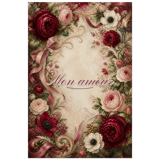 Affiche Mon amour - Calligraphie florale, composition botanique romantique inspirée des ornements anciens verticale, format 30 × 45 cm