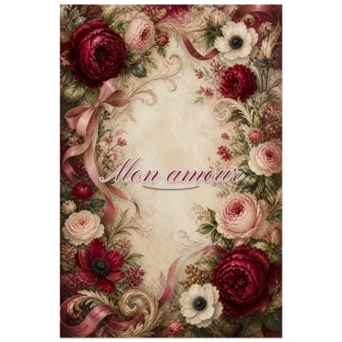 Affiche Mon amour - Calligraphie florale, composition botanique romantique inspirée des ornements anciens verticale, format 40 × 60 cm