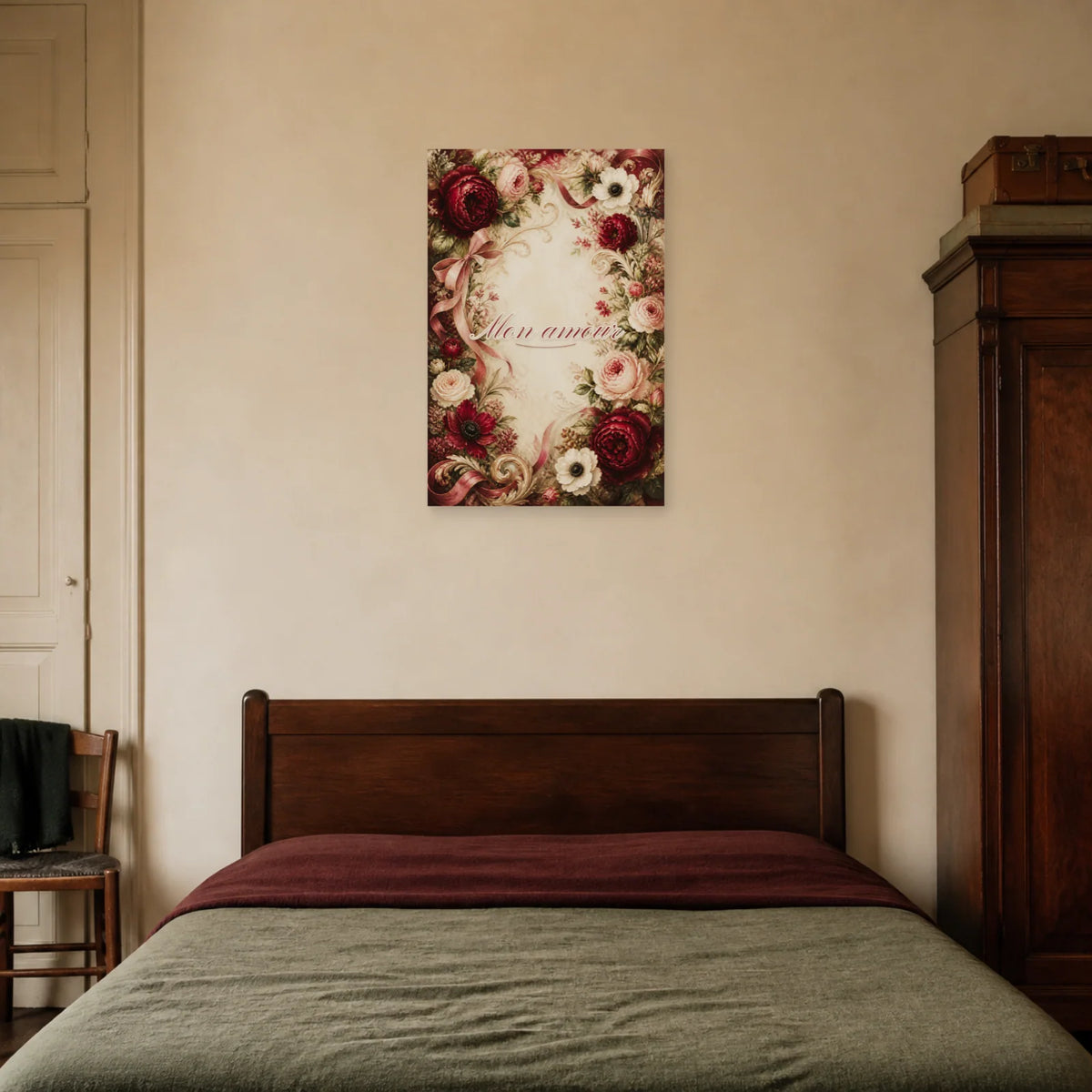 Affiche Mon amour - Calligraphie florale dans une chambre - Art Virtuoso