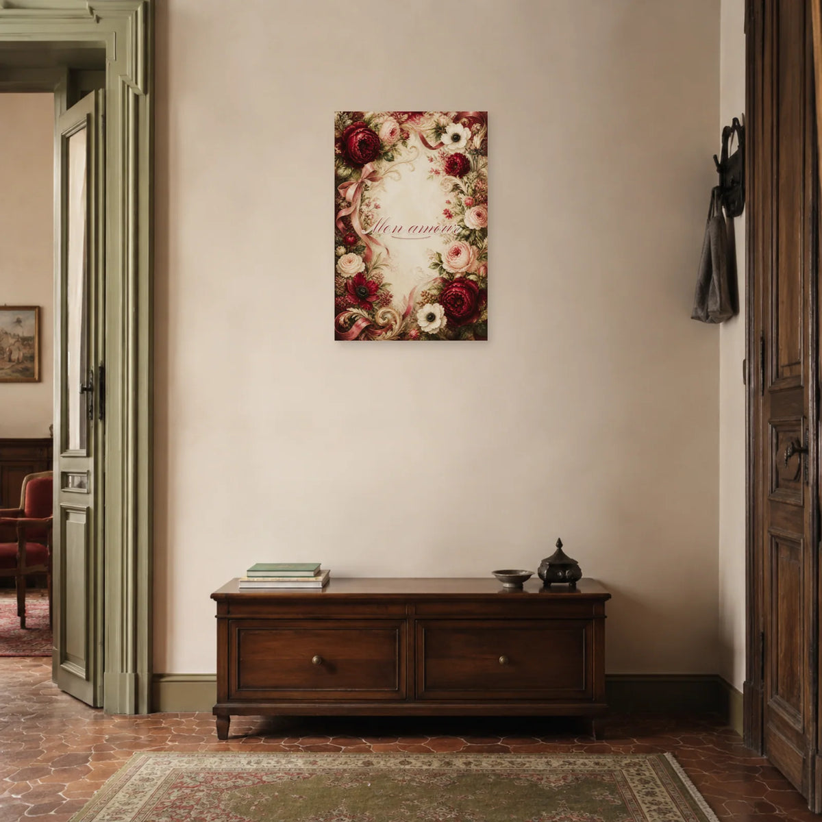 Affiche Mon amour - Calligraphie florale dans une entrée ou un couloir - Art Virtuoso