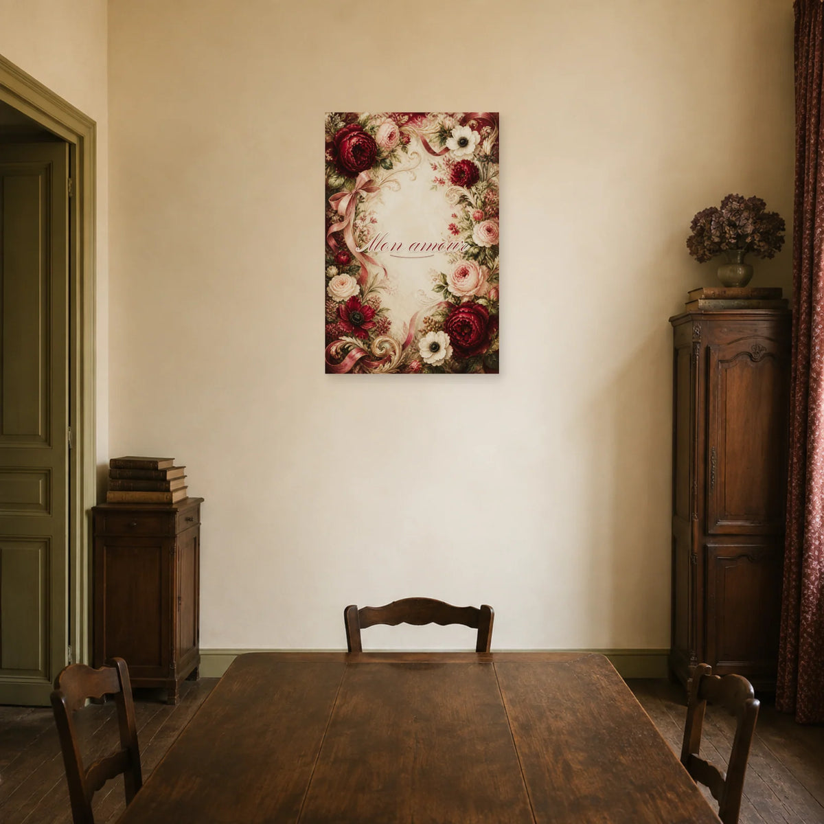 Affiche Mon amour - Calligraphie florale dans une salle à manger - Art Virtuoso